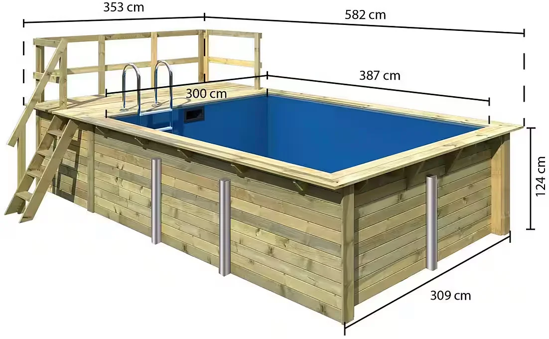 Rechteckpool Holzpool Roma A Gartenpool 353x400x124 cm mit Sonnendeck