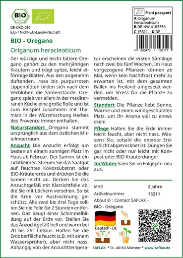 SAFLAX BIO Oregano Samen Kräutersamen für Garten und Balkon