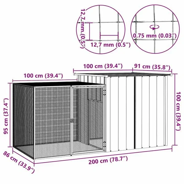 vidaXL Hühnerkäfig Grau 200x91x100 cm Verzinkter Stahl Außengehege