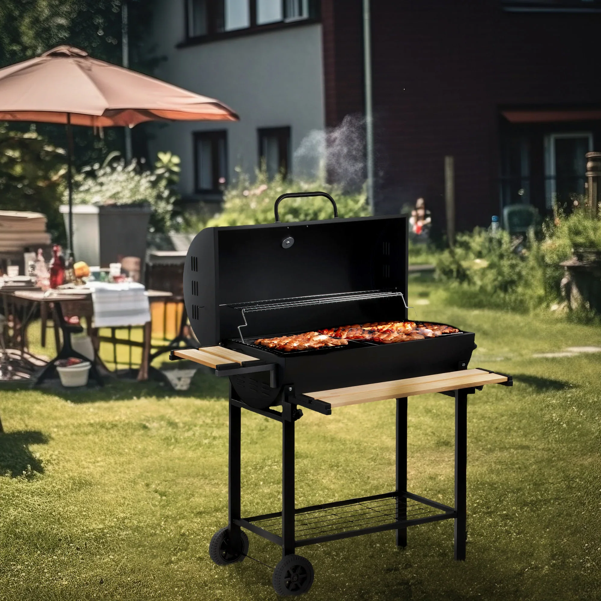 Holzkohle Grillwagen fahrbar inkl Thermometer BBQ Garten