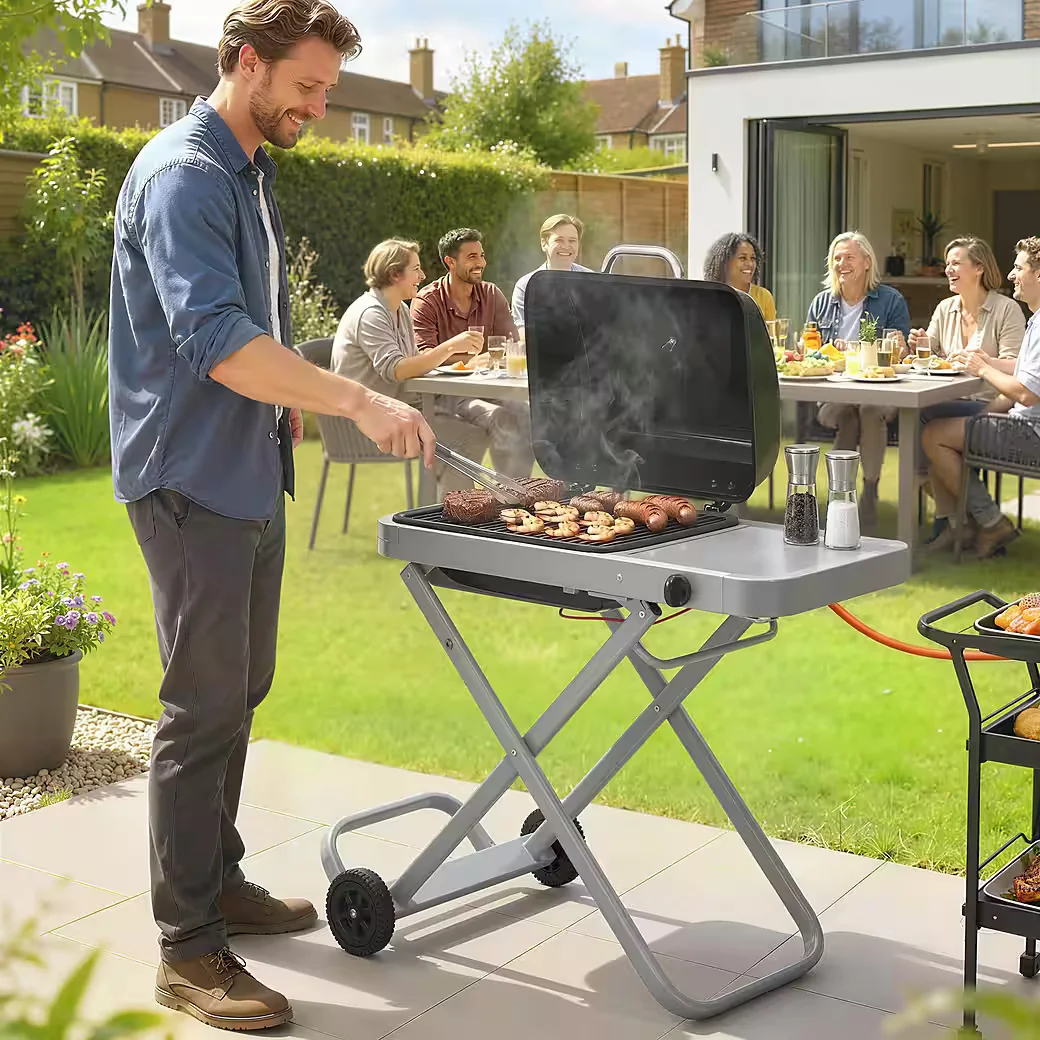 Gasgrill mit Faltbarem Rollwagen Seitentisch und Thermometer BBQ