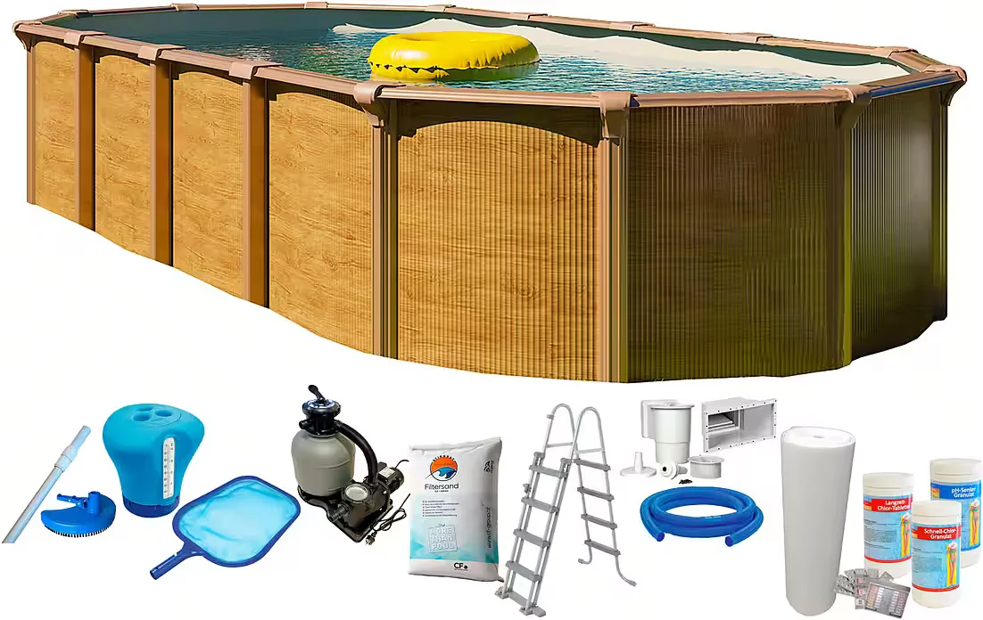 Ovalpool Wood Design Sicherheitsleiter sandfarbene Innenfolie Gartenpool