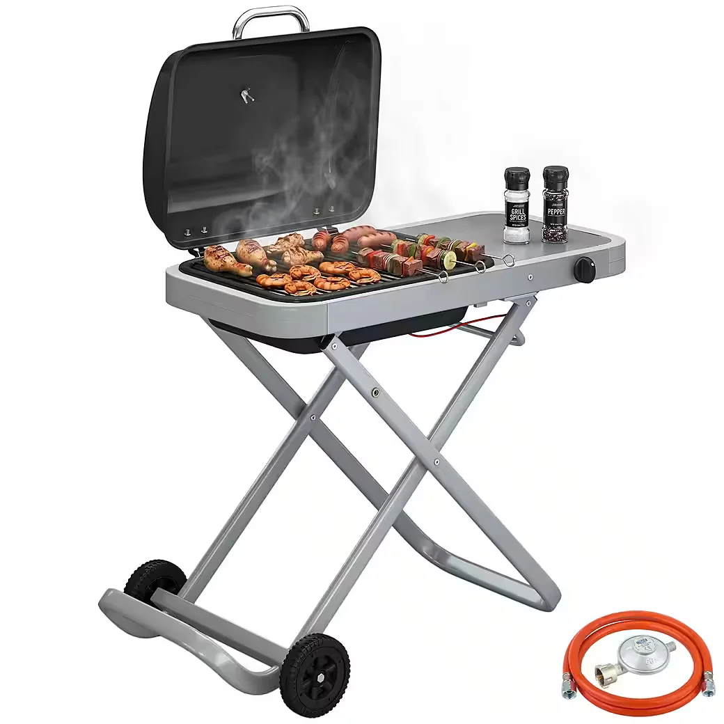 Gasgrill mit Faltbarem Rollwagen Seitentisch und Thermometer BBQ