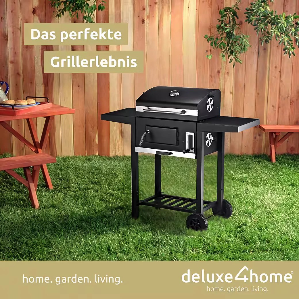 Holzkohlegrill Grillwagen XXL mit Deckel und Seitenablage rollbar BBQ