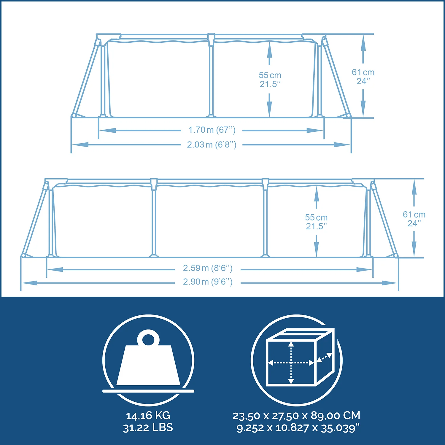 Steel Pro® Frame Pool ohne Pumpe 259 x 170 x 61 cm, dunkelblau, eckig