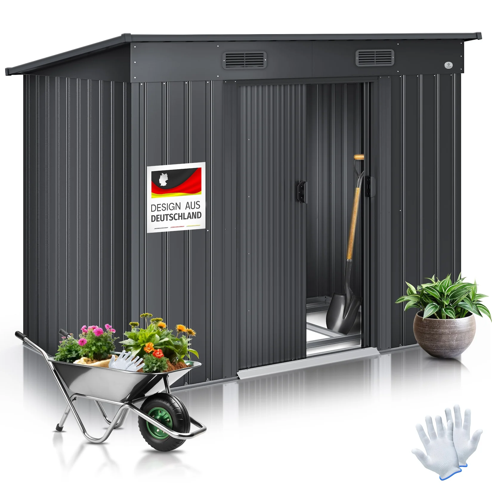 KESSER Gerätehaus L Metall 4 m3 mit Fundament 2x Schiebetür Gartenhaus
