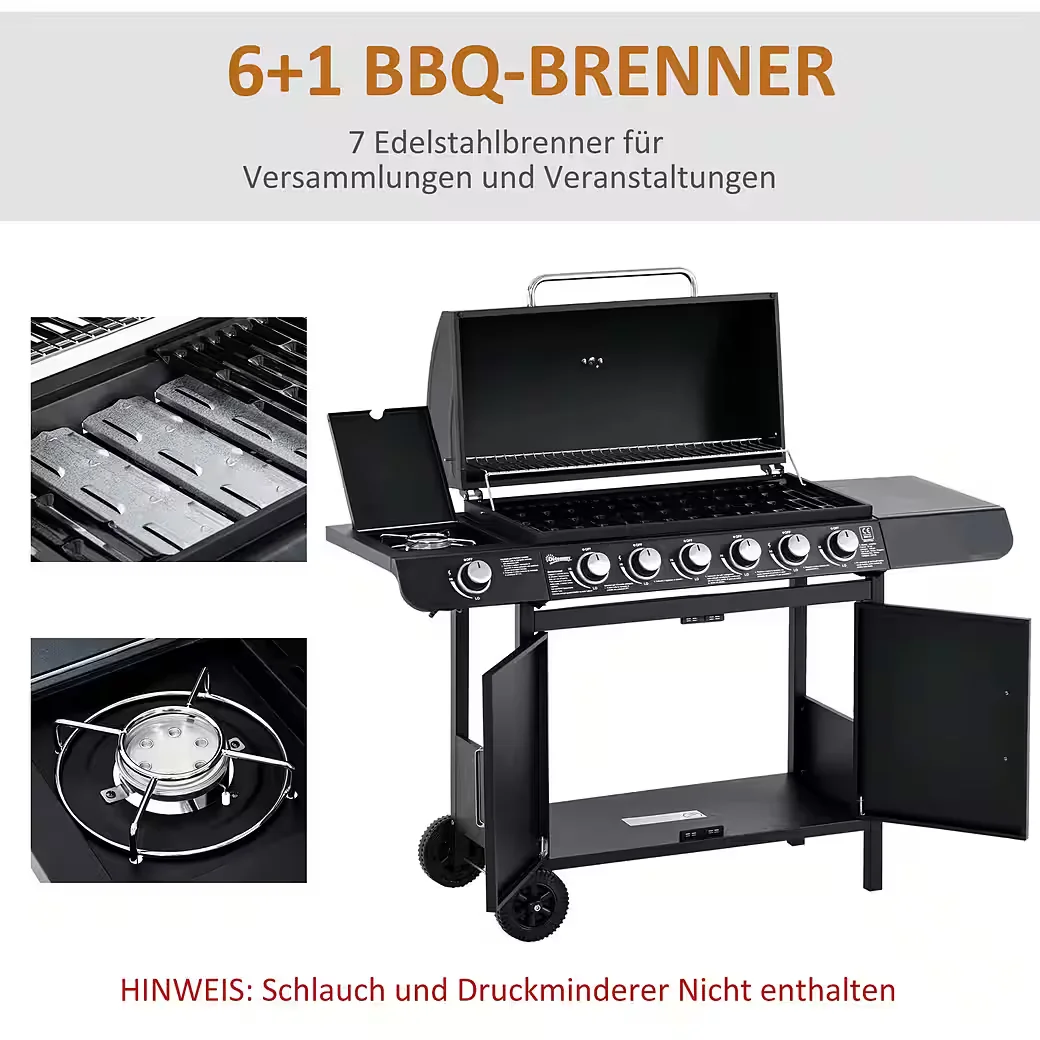 Gasgrill BBQ Grillwagen mit 6 Brennern 1 Seitenbrenner Schrank Garten