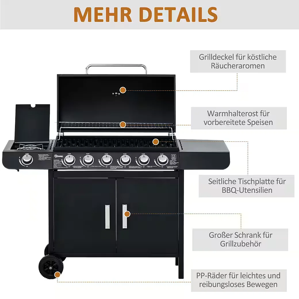 Gasgrill BBQ Grillwagen mit 6 Brennern 1 Seitenbrenner Schrank Garten