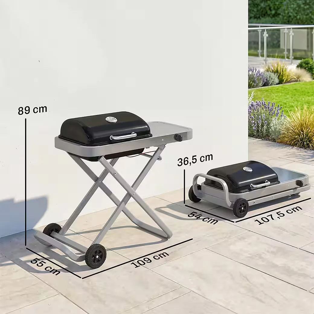 Gasgrill mit Faltbarem Rollwagen Seitentisch und Thermometer BBQ