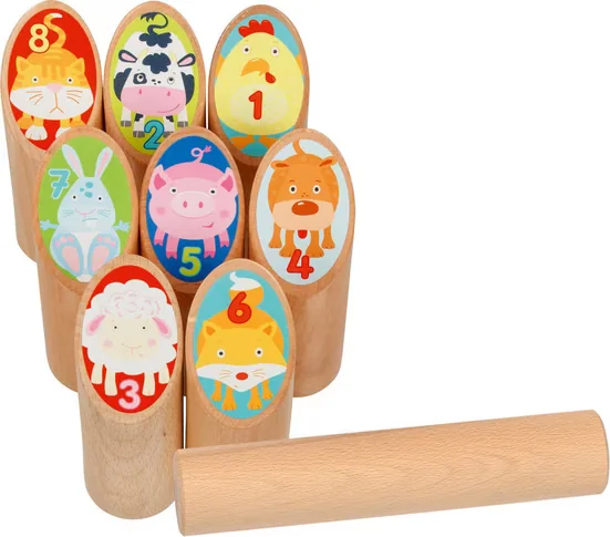 GOKI Kubb Wurfspiel für Kinder aus Holz Tier-Edition Outdoor