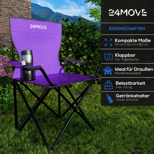 24MOVE Campingstuhl faltbar mit Getränkehalter, lila, bis 100 kg