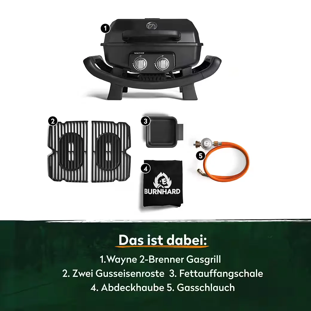WAYNE Gasgrill 2 Brenner 4,4 kW Tragbarer Balkongrill Camping Outdoor