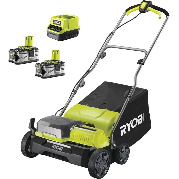 Ryobi Vertikutierer RY18SFX35A-240 ONE+, Akku, 2x18V / 4Ah, mit 2 Akkus, Ladegerät, Fangkorb 55 Liter