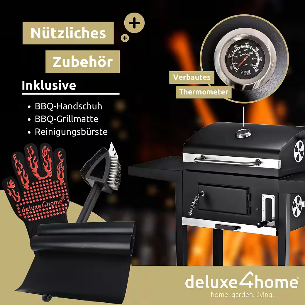 Holzkohlegrill Grillwagen XXL mit Deckel und Seitenablage rollbar BBQ