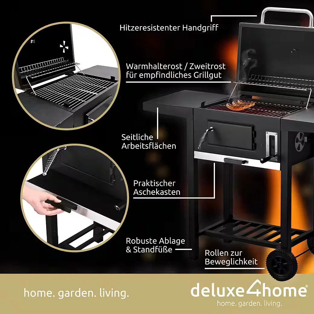 Holzkohlegrill Grillwagen XXL mit Deckel und Seitenablage rollbar BBQ