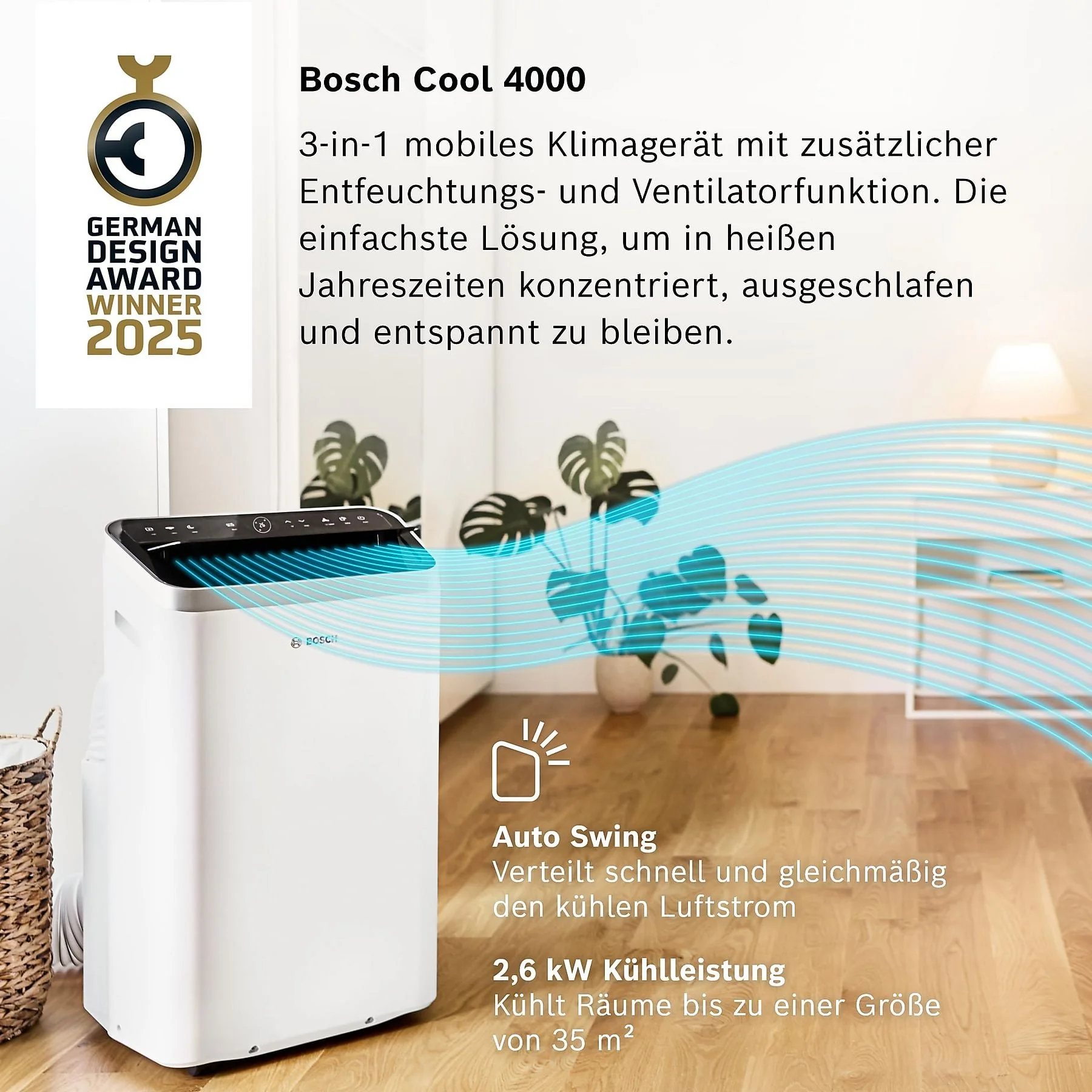 Bosch Cool 4000 mobiles Klimagerät, 35 m², A+, weiß