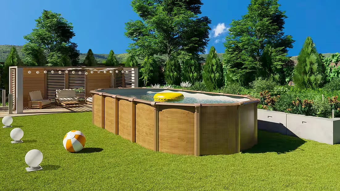 Ovalpool Wood Design Sicherheitsleiter sandfarbene Innenfolie Gartenpool