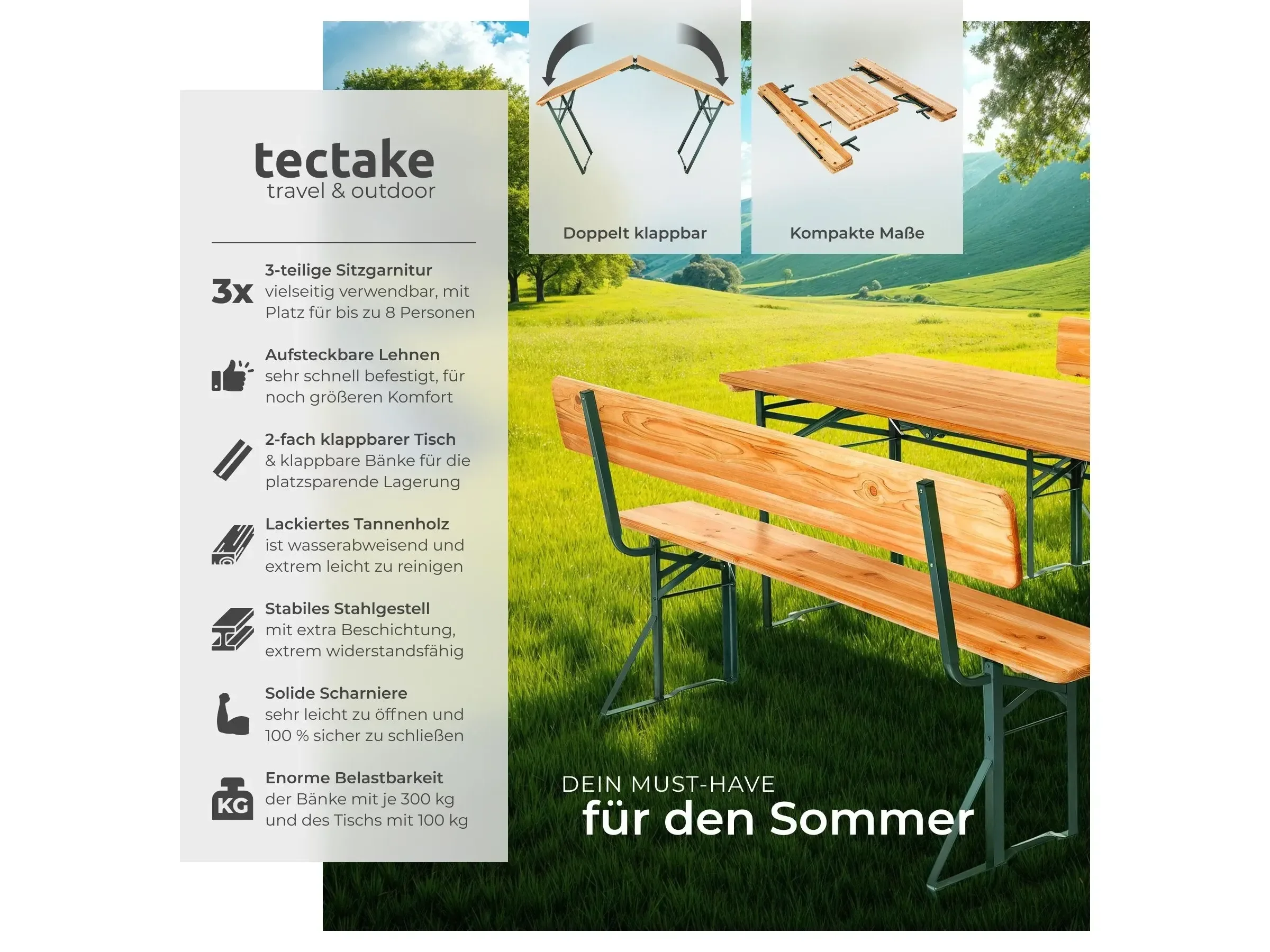 Tectake Bierzeltgarnitur Franz II 3 teilig klappbar Garten Braun