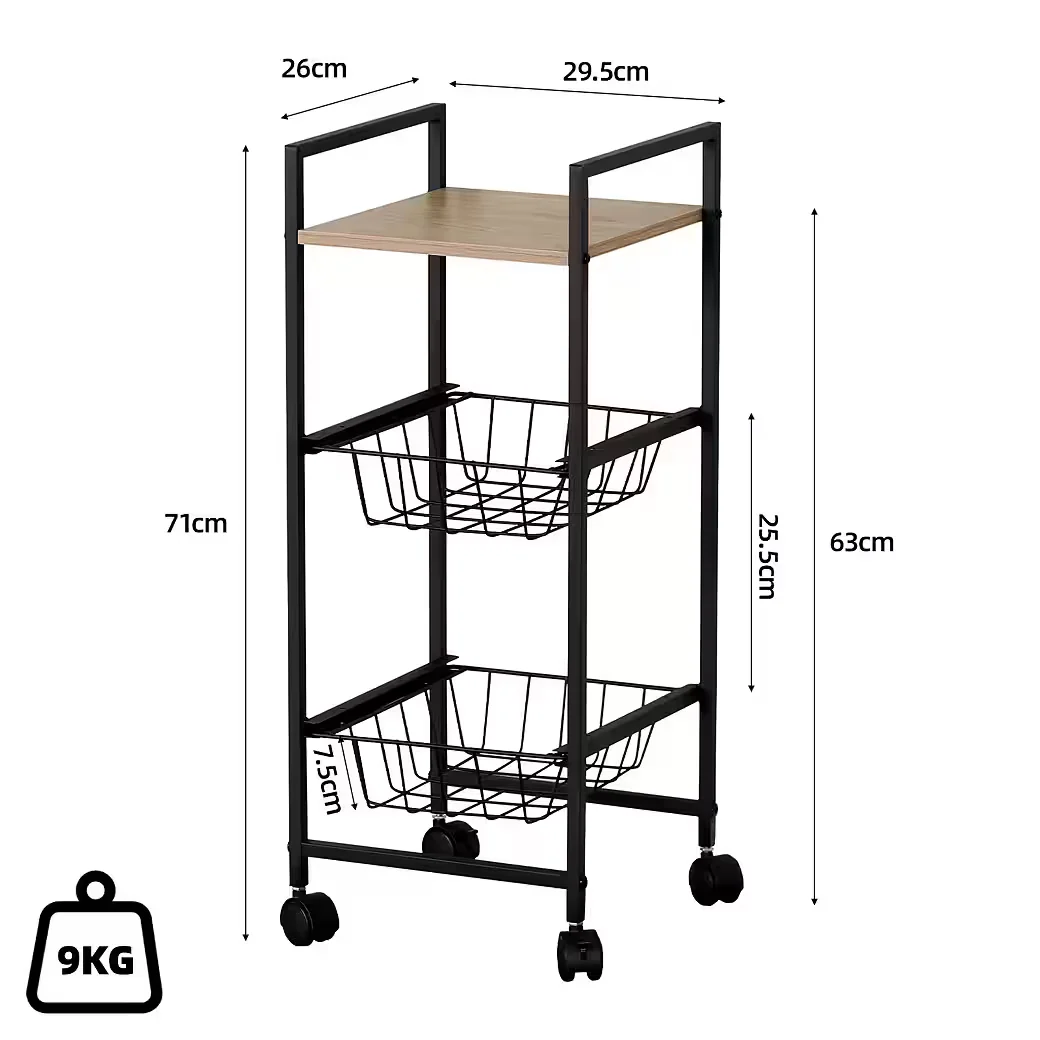 KISIDUS Rollwagen Küchenwagen mit 3 Ebenen, Schwarz, 29.5x26x71 cm