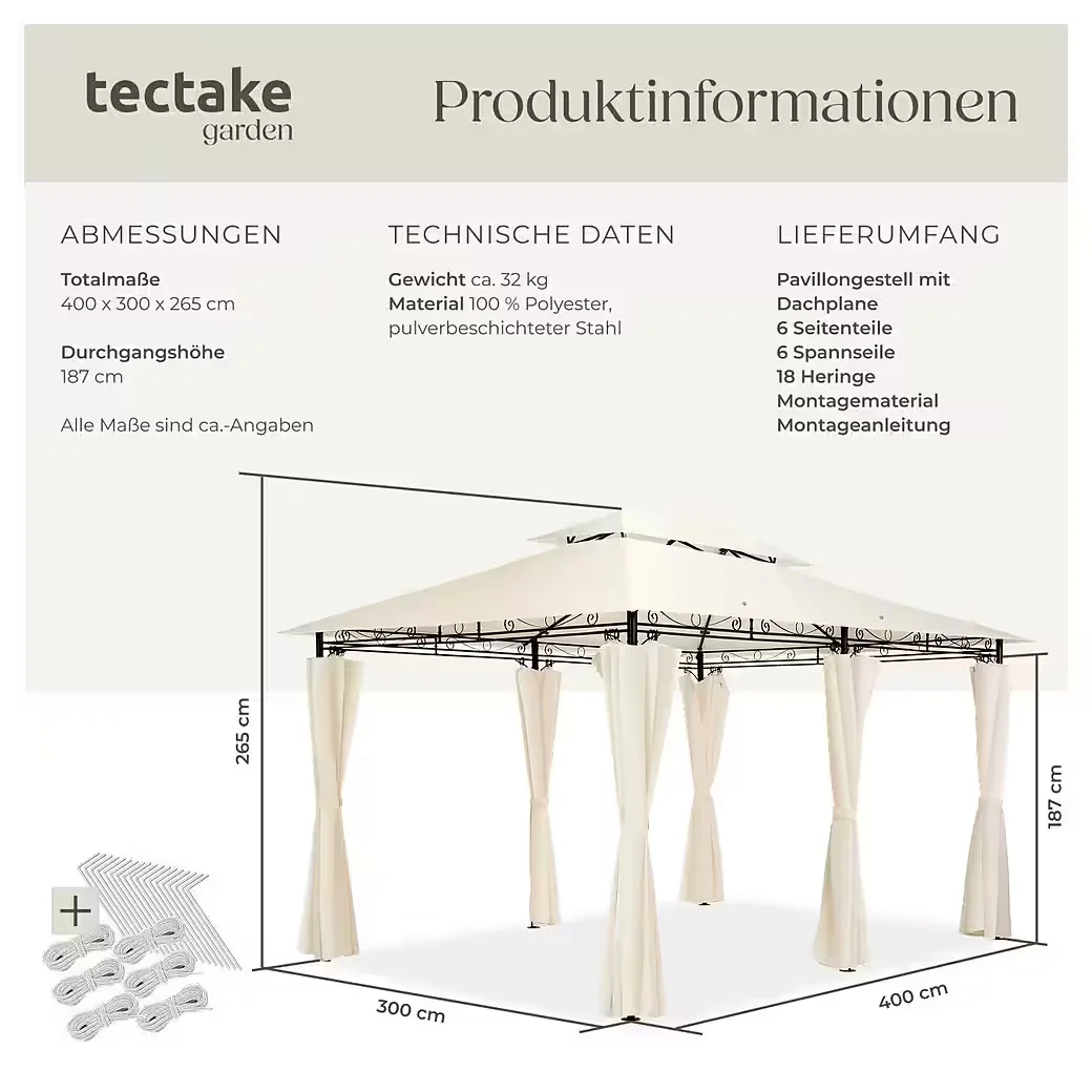 TECTAKE Gartenpavillon Partyzelt für Garten und Terrasse