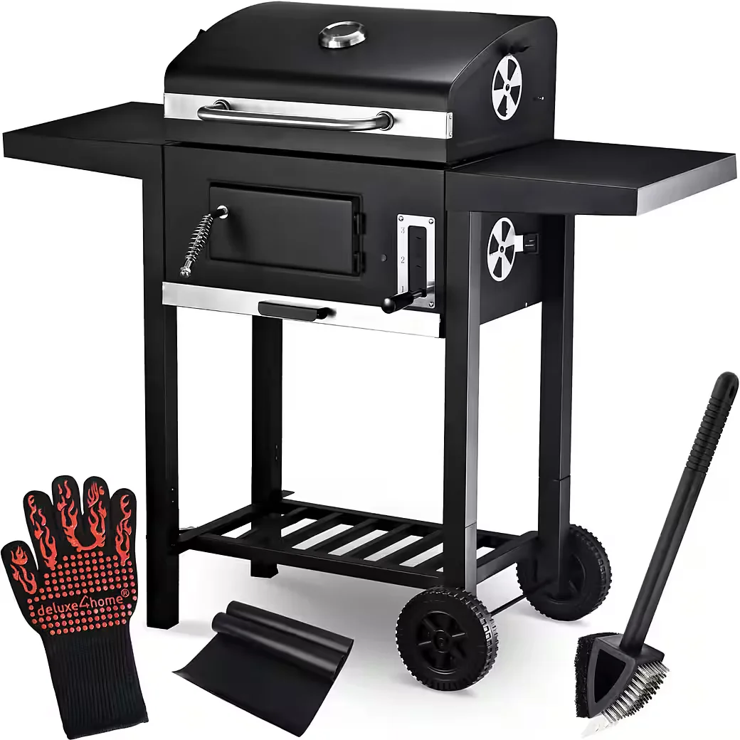 Holzkohlegrill Grillwagen XXL mit Deckel und Seitenablage rollbar BBQ