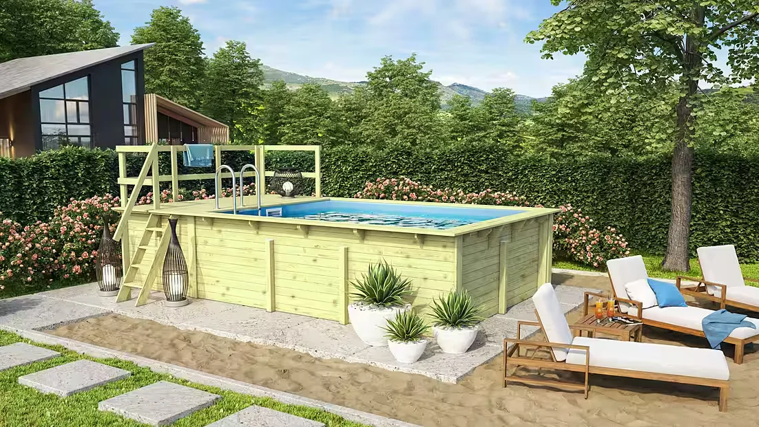 Rechteckpool Holzpool Roma A Gartenpool 353x400x124 cm mit Sonnendeck