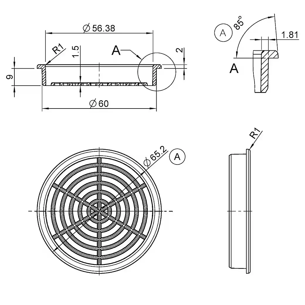 SO-TECH® Lüftungsgitter Einbau 60 mm Abdeckrand geschlitzt innen außen