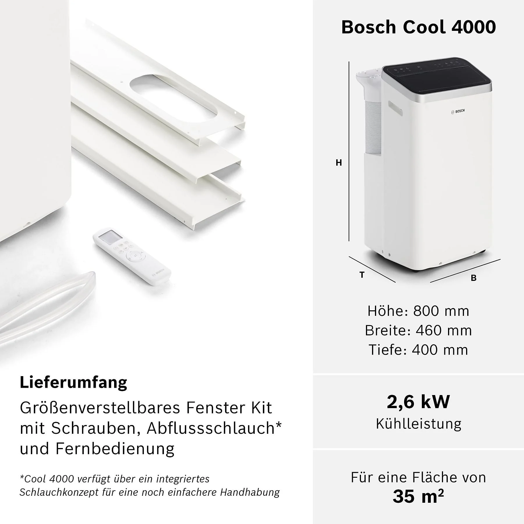 Bosch Cool 4000 mobiles Klimagerät, 35 m², A+, weiß
