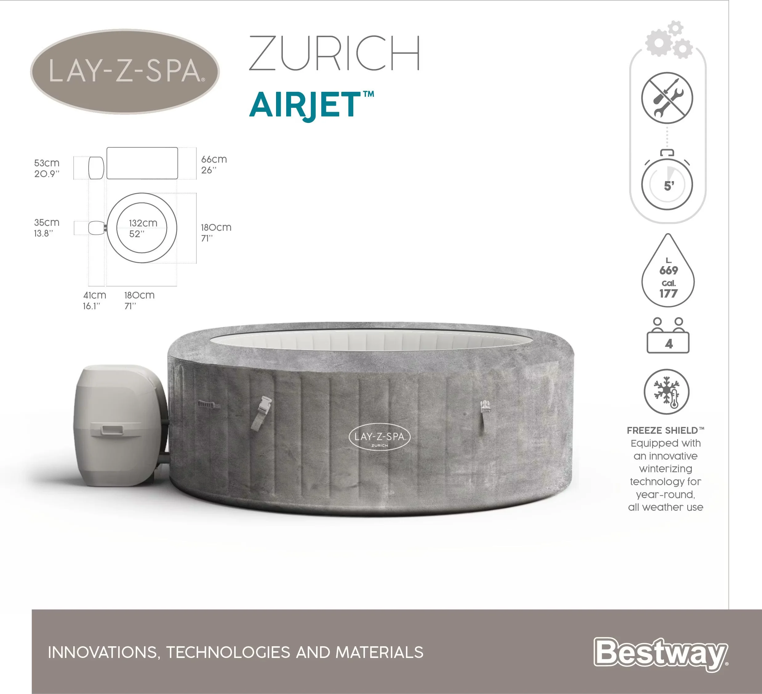 Bestway Lay-Z-Spa AirJet Zurich 180x66 60065 aufblasbarer Whirlpool