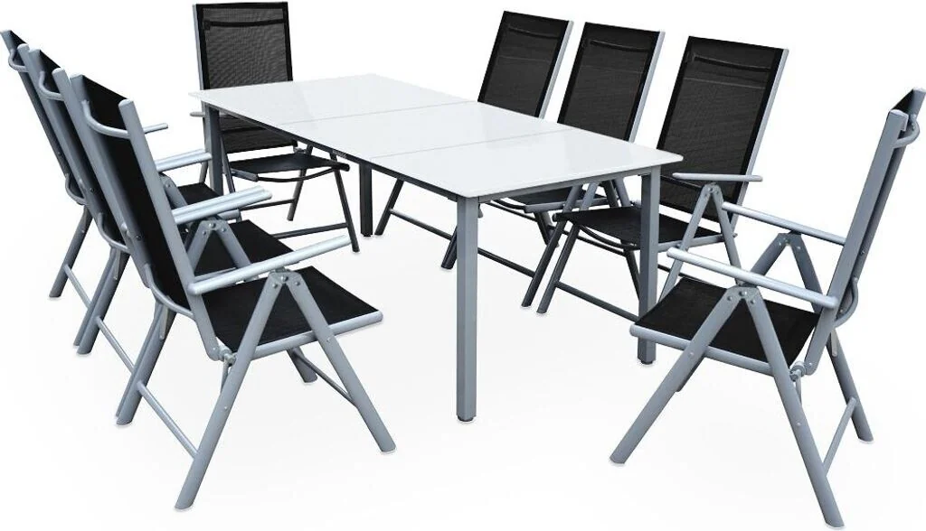 Gartensitzgruppe Bern Set 9tlg 8 Personen Silber Aluminium Milchglas