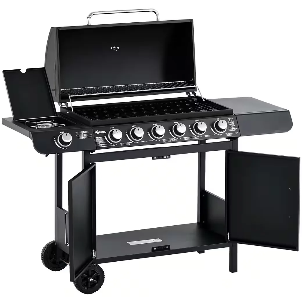 Gasgrill BBQ Grillwagen mit 6 Brennern 1 Seitenbrenner Schrank Garten