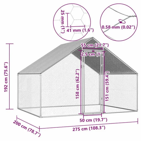 vidaXL Outdoor-Hühnerkäfig 2,75x2x1,92 m Verzinkter Stahl Voliere