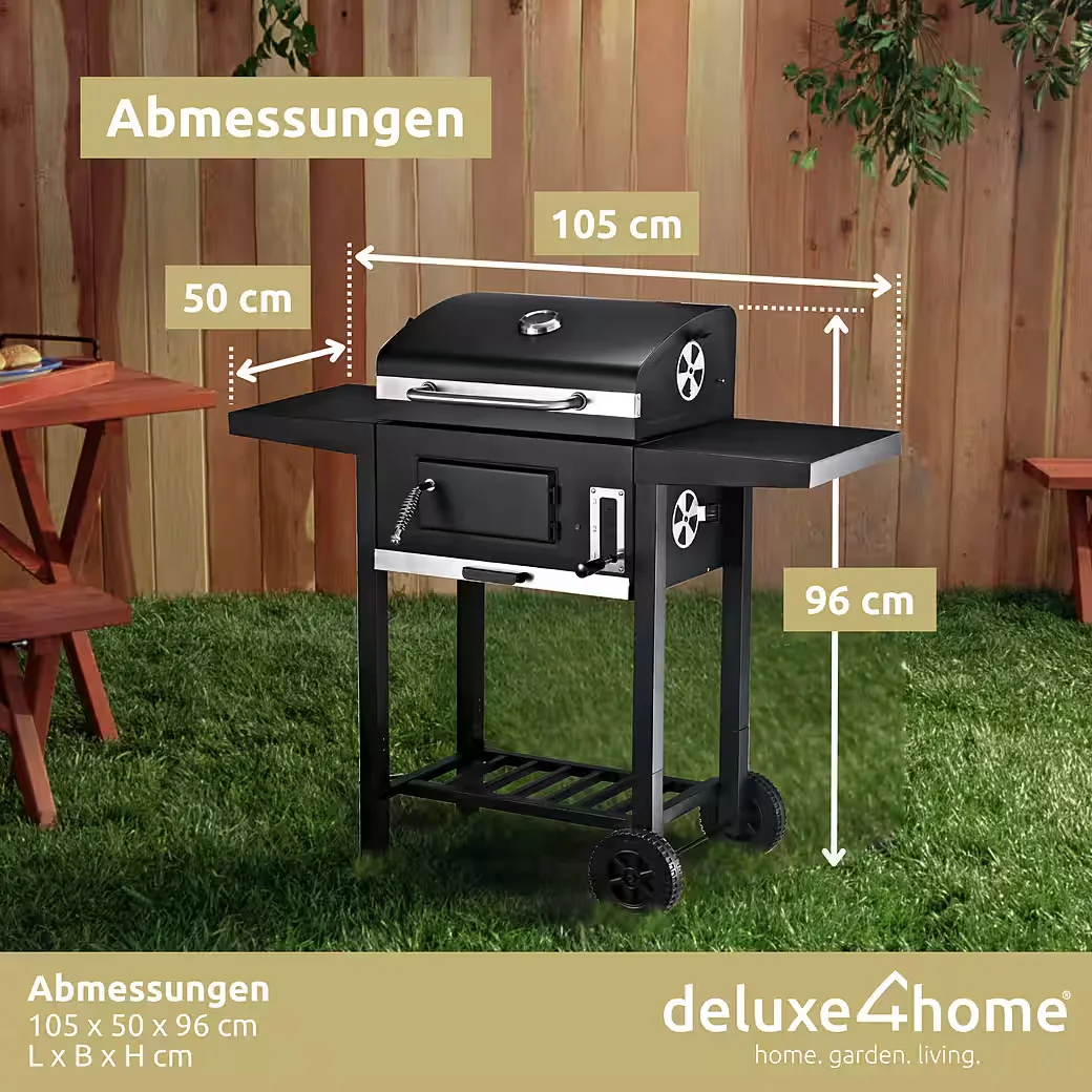 Holzkohlegrill Grillwagen XXL mit Deckel und Seitenablage rollbar BBQ