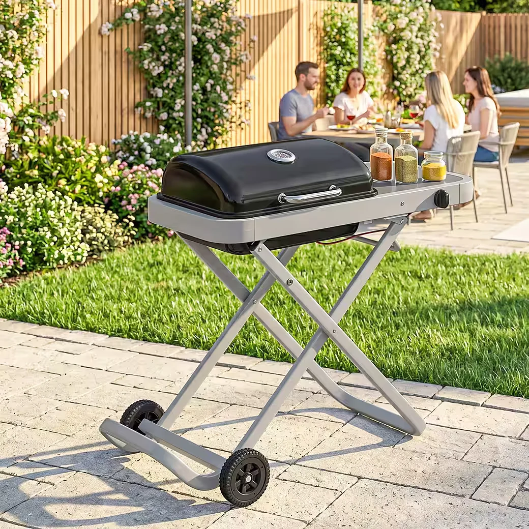 Gasgrill mit Faltbarem Rollwagen Seitentisch und Thermometer BBQ