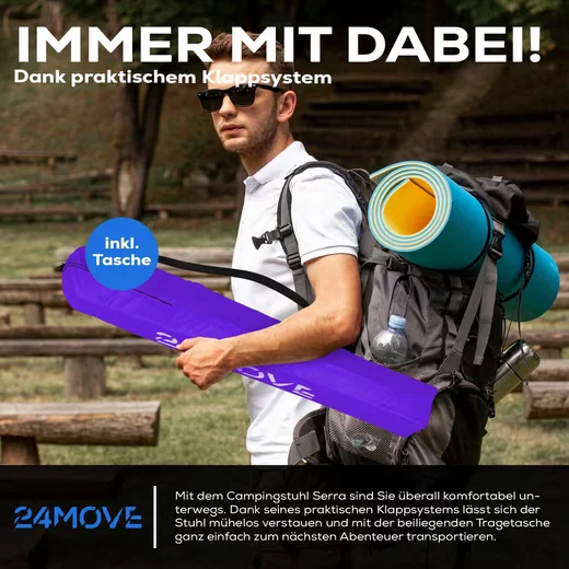 24MOVE Campingstuhl faltbar mit Getränkehalter, lila, bis 100 kg