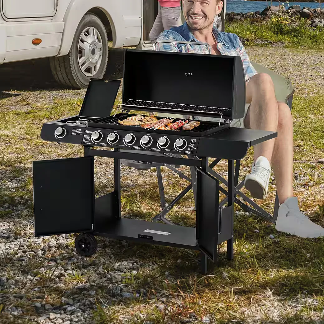 Gasgrill BBQ Grillwagen mit 6 Brennern 1 Seitenbrenner Schrank Garten