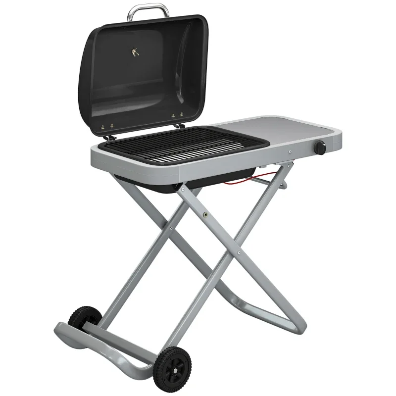 Gasgrill mit Faltbarem Rollwagen Seitentisch und Thermometer BBQ