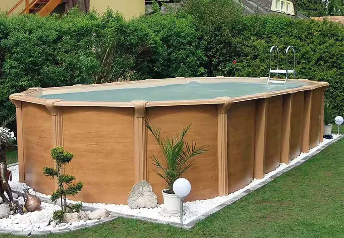 Ovalpool Wood Design Sicherheitsleiter sandfarbene Innenfolie Gartenpool