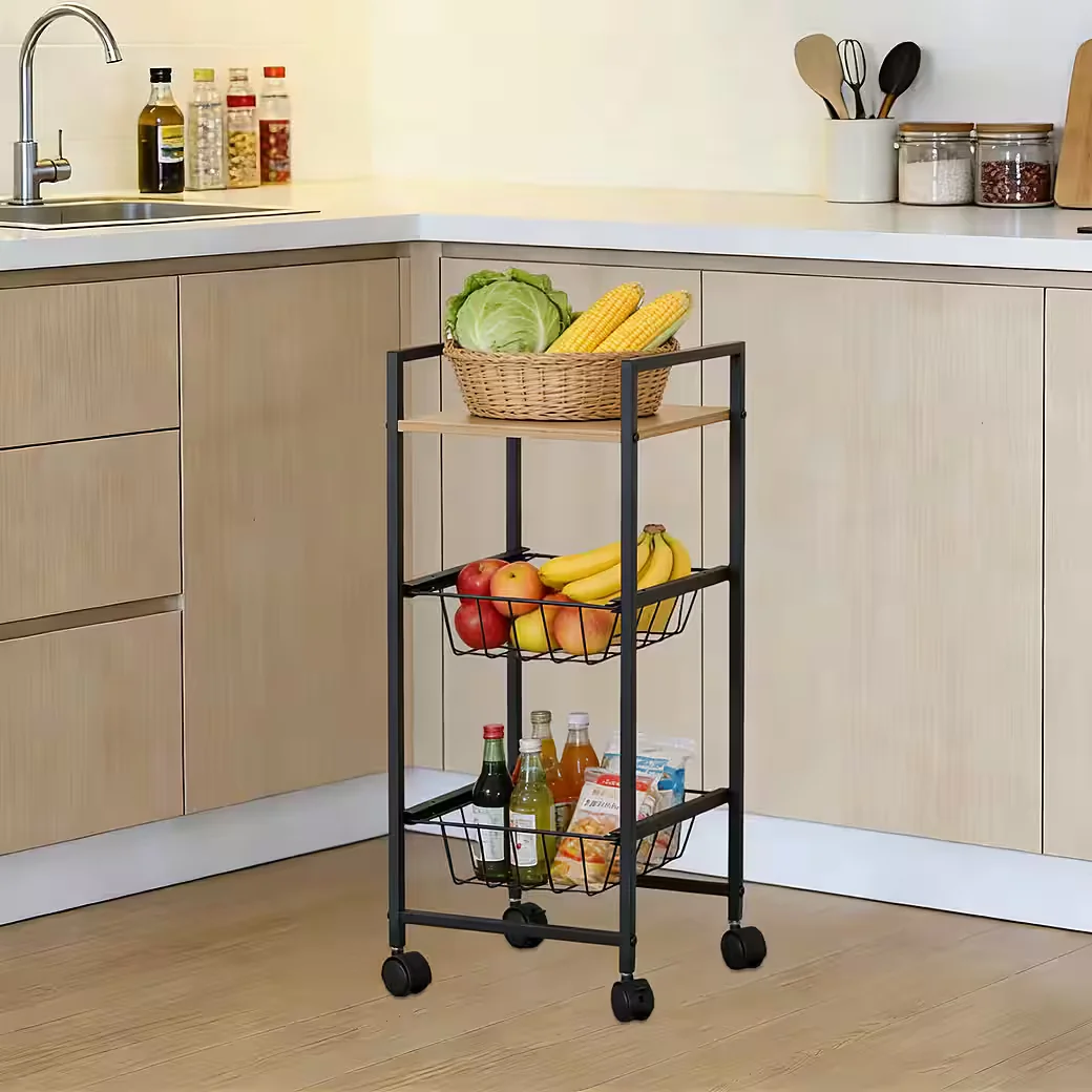 KISIDUS Rollwagen Küchenwagen mit 3 Ebenen, Schwarz, 29.5x26x71 cm