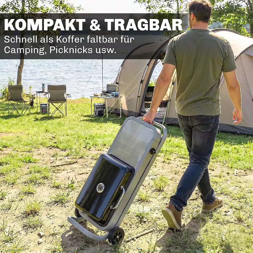 Gasgrill mit Faltbarem Rollwagen Seitentisch und Thermometer BBQ