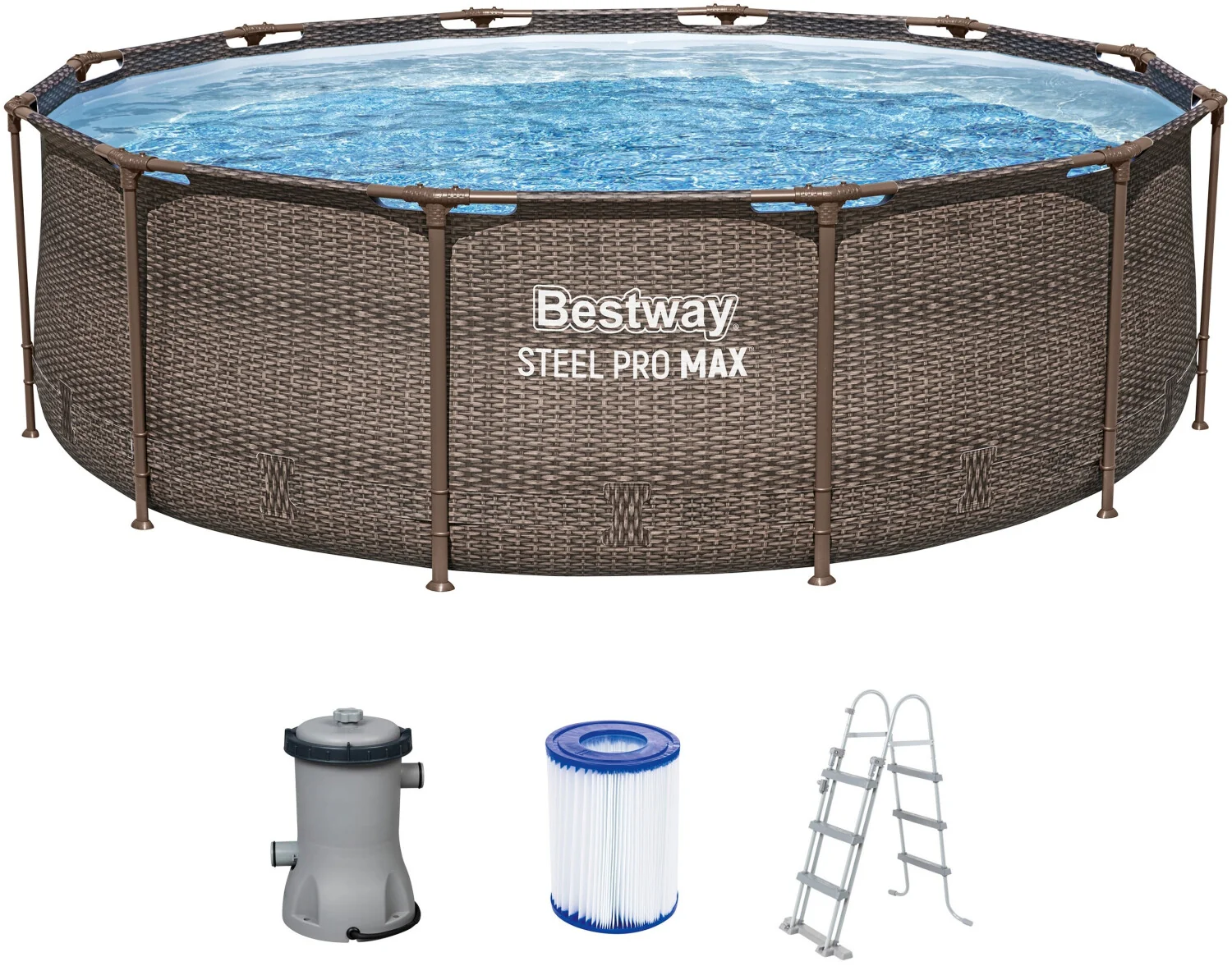 Bestway Steel Pro MAX™ Frame Pool Set mit Filterpumpe Ø 366 x 100 cm, Rattan-Optik (Schokobraun),