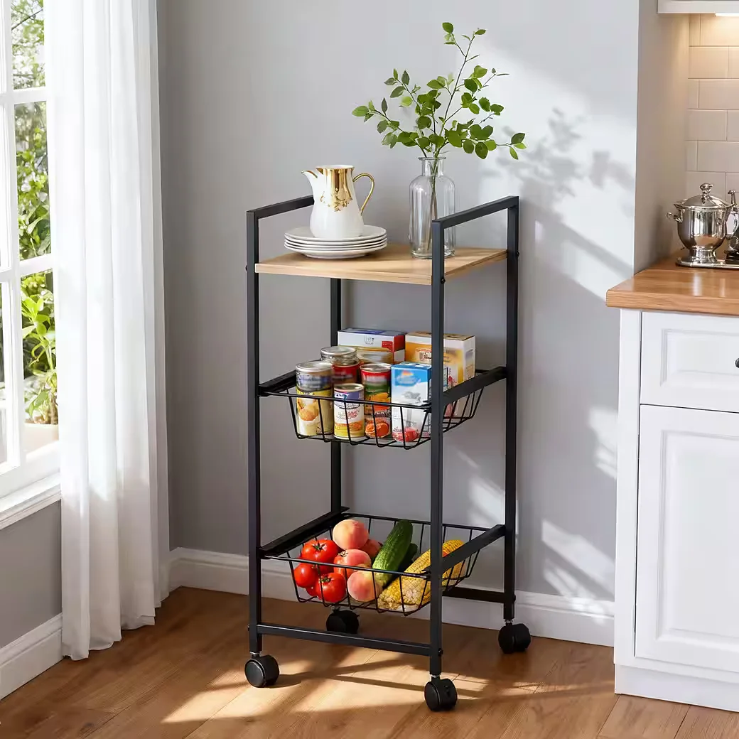 KISIDUS Rollwagen Küchenwagen mit 3 Ebenen, Schwarz, 29.5x26x71 cm