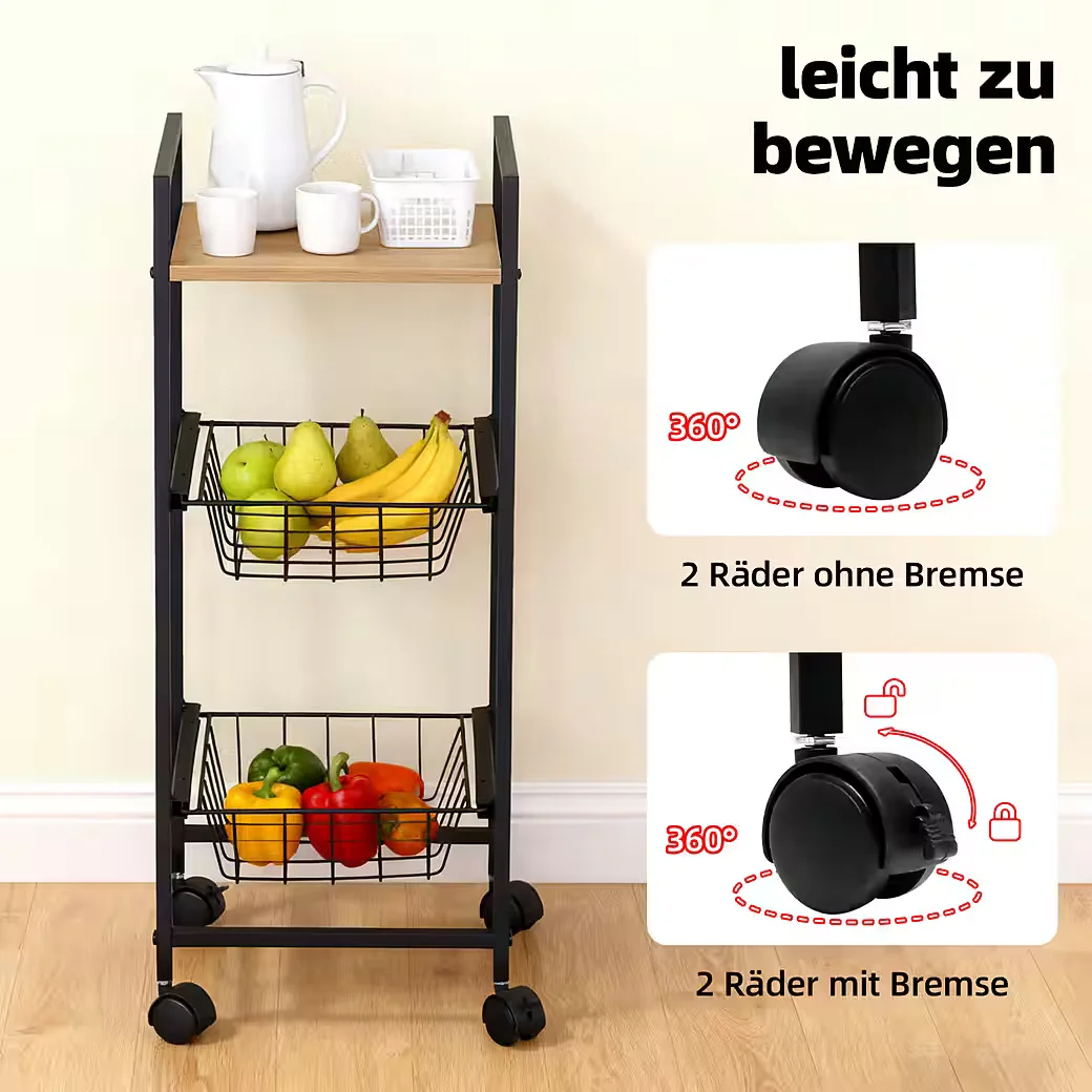 KISIDUS Rollwagen Küchenwagen mit 3 Ebenen, Schwarz, 29.5x26x71 cm