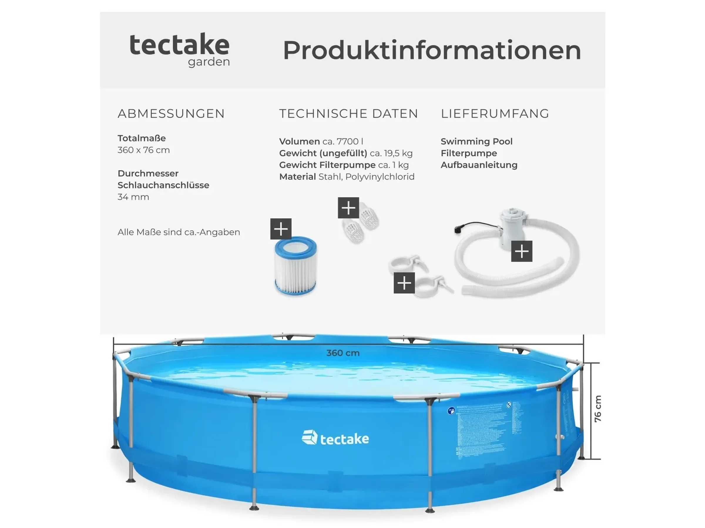 Tectake Pool Summertime Rund Stahlrahmen 360 x 360 x 76 cm Blau Garten