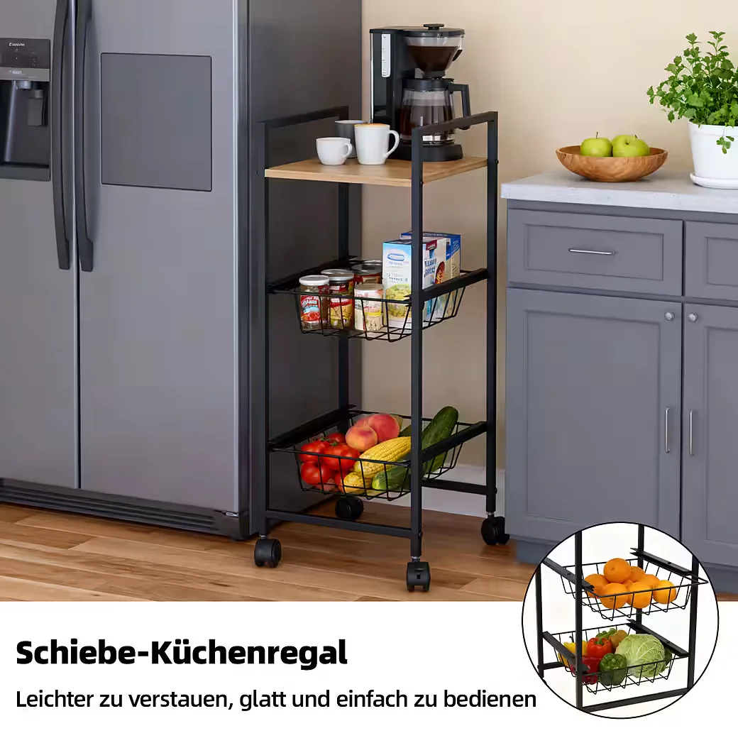 KISIDUS Rollwagen Küchenwagen mit 3 Ebenen, Schwarz, 29.5x26x71 cm
