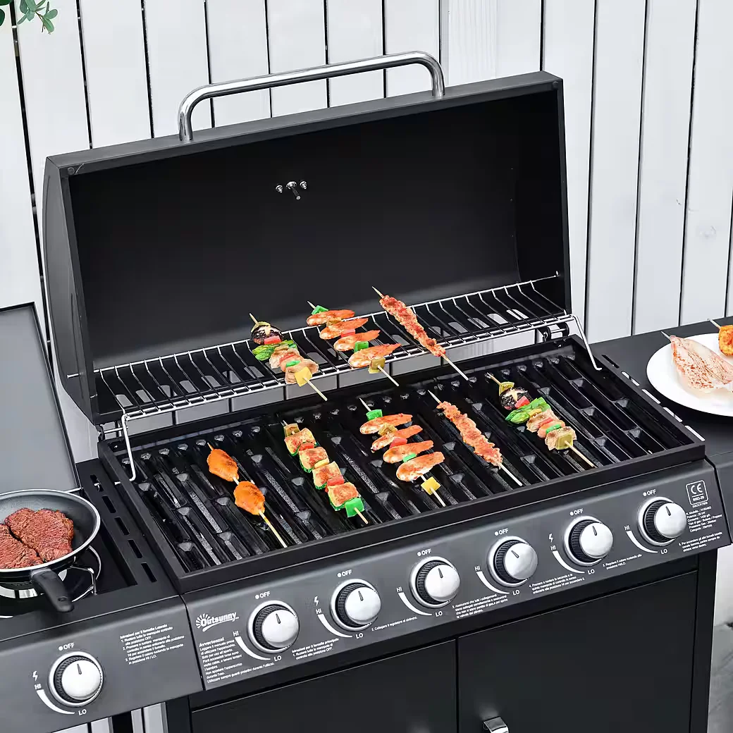 Gasgrill BBQ Grillwagen mit 6 Brennern 1 Seitenbrenner Schrank Garten