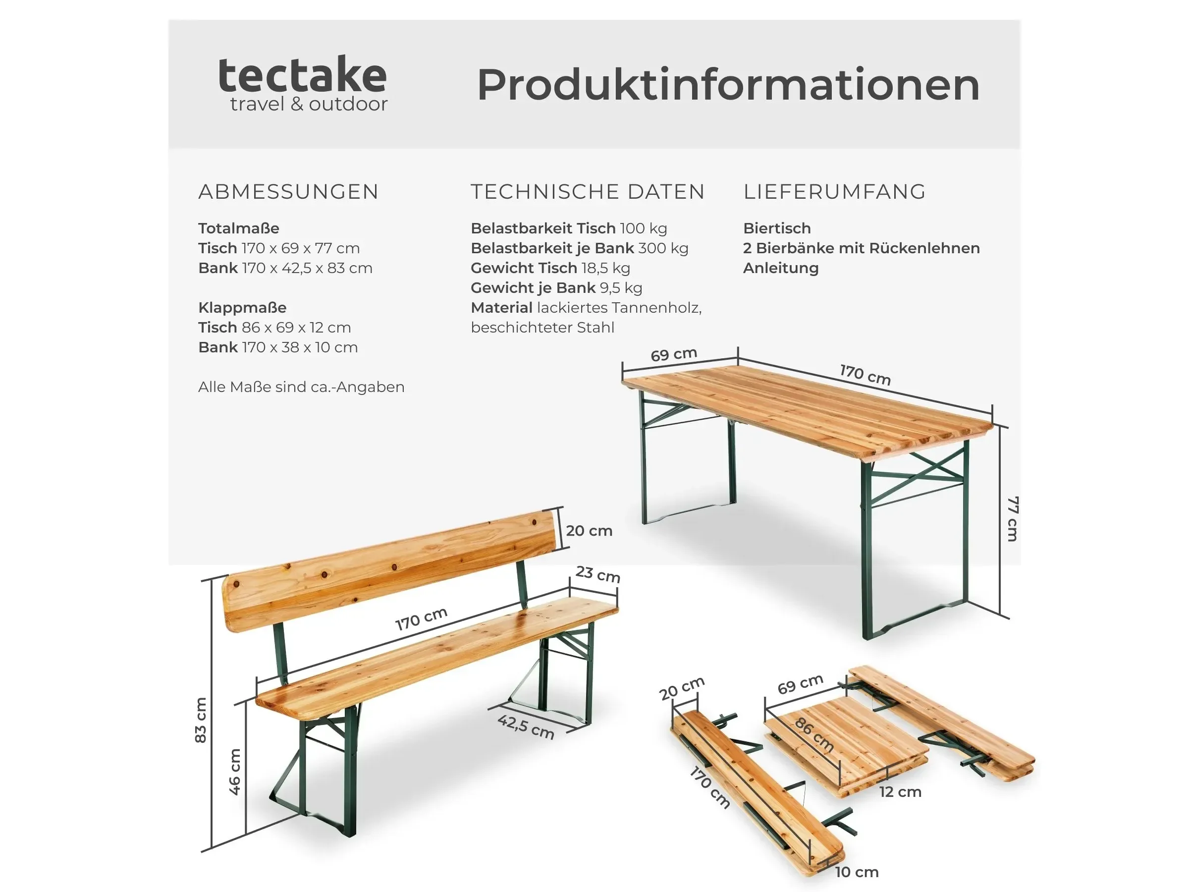 Tectake Bierzeltgarnitur Franz II 3 teilig klappbar Garten Braun