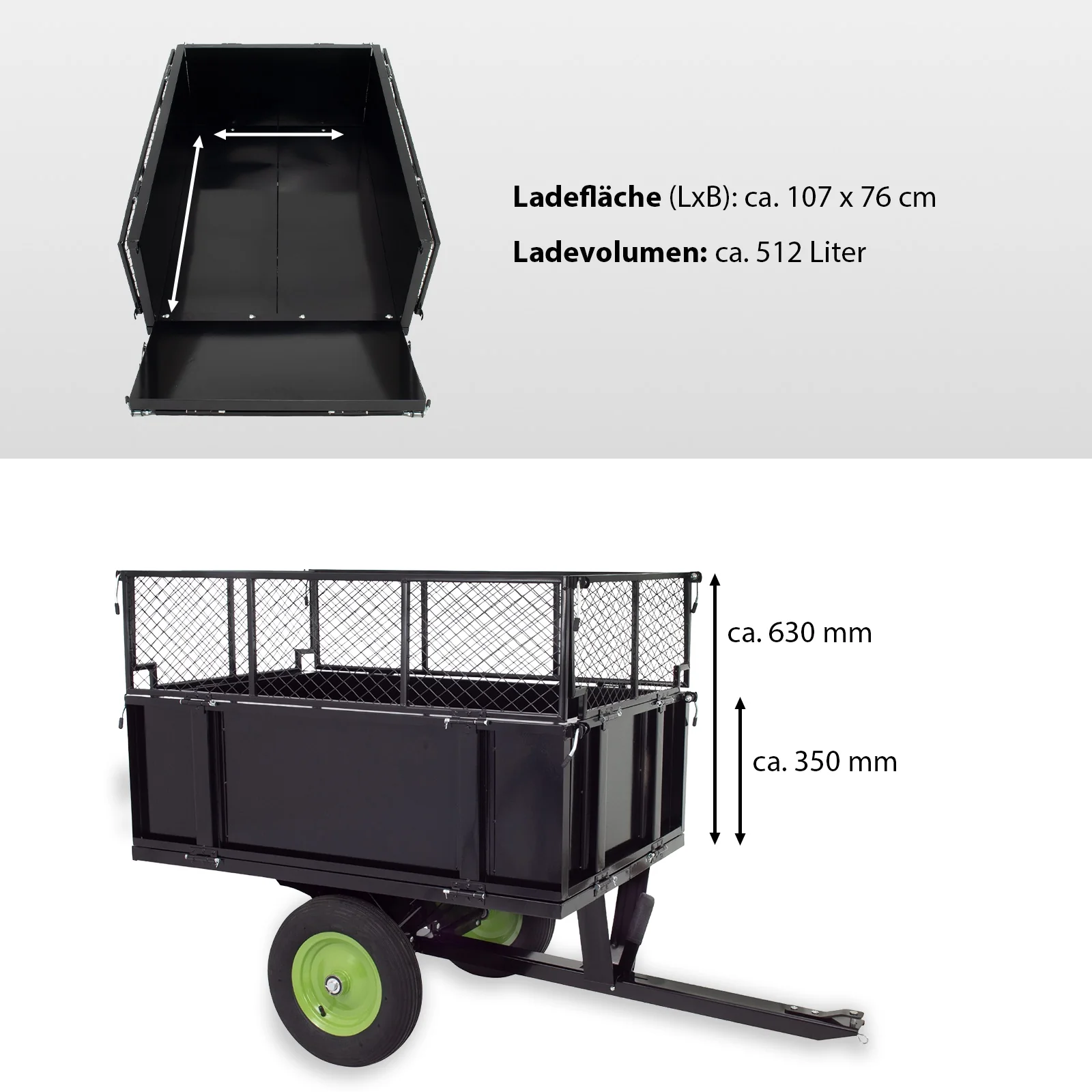 Rasentraktor Kippanhänger 300 kg kippbar mit Kupplung für Transport