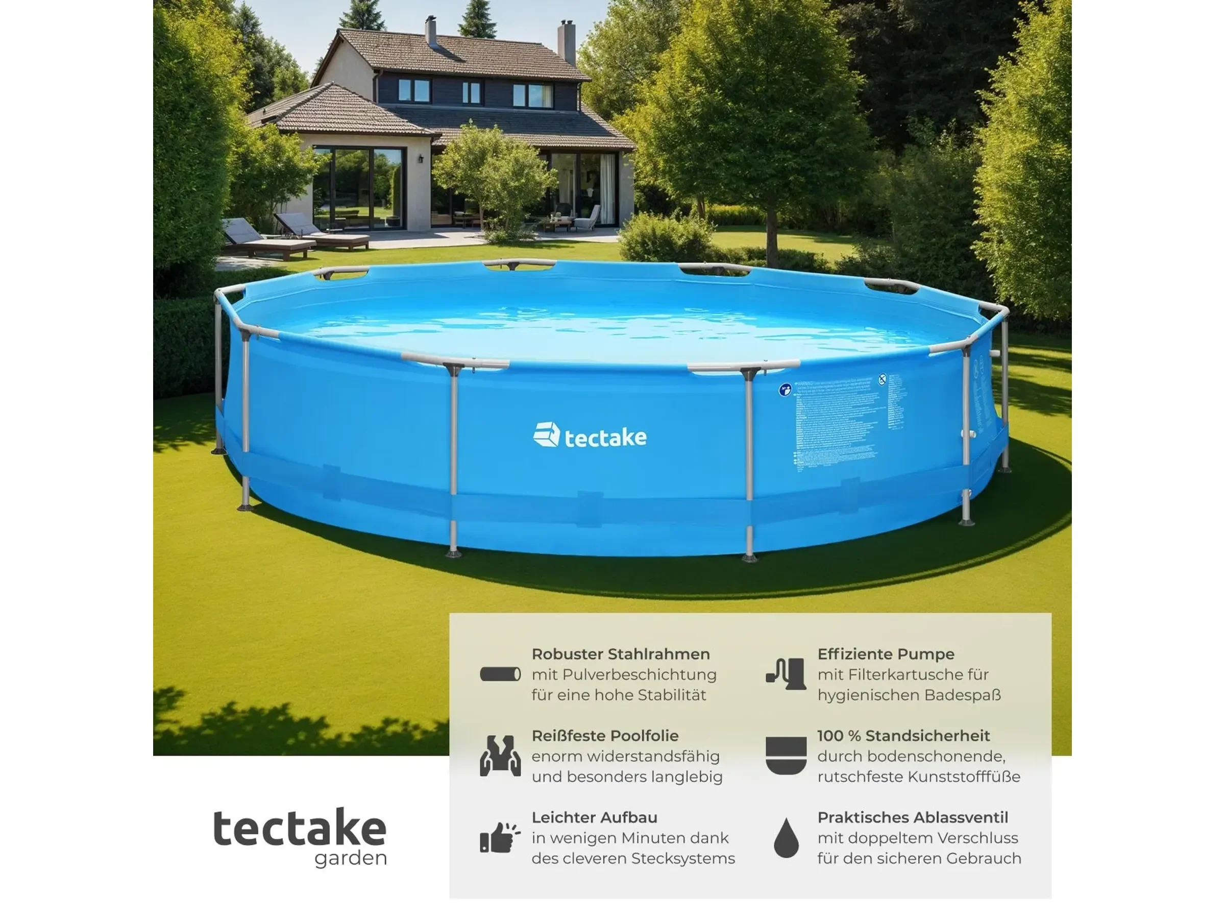 Tectake Pool Summertime Rund Stahlrahmen 360 x 360 x 76 cm Blau Garten
