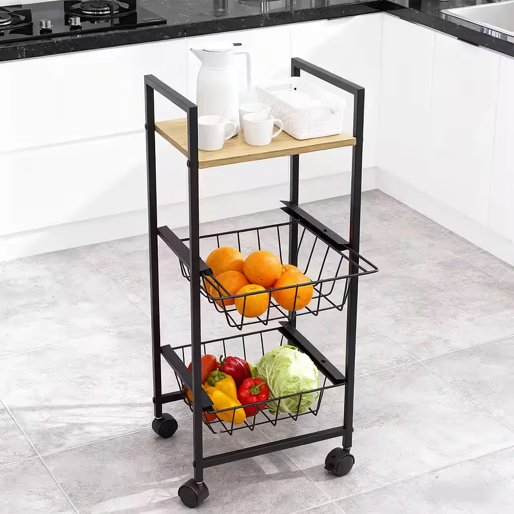 KISIDUS Rollwagen Küchenwagen mit 3 Ebenen, Schwarz, 29.5x26x71 cm
